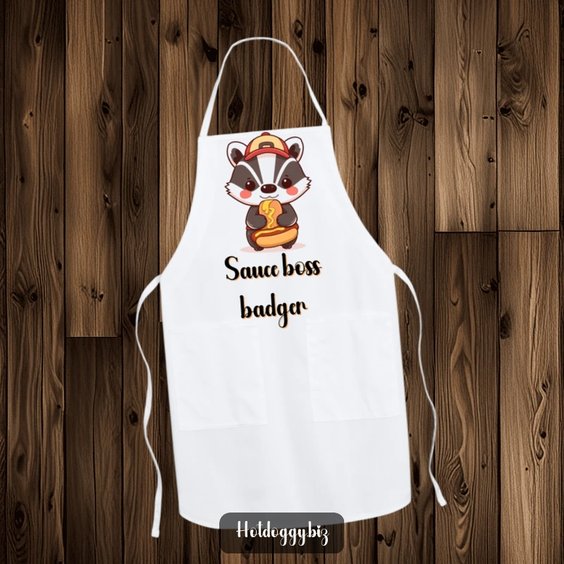 Funny badger in a cap proudly smudges mustard on a miniature hot dog, adding bold and humorous flair to this practical apron.