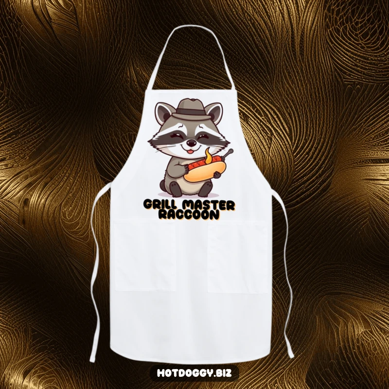 Funny raccoon in a fedora winks while presenting a perfectly grilled miniature hot dog, adding clever and humorous flair to this practical apron.