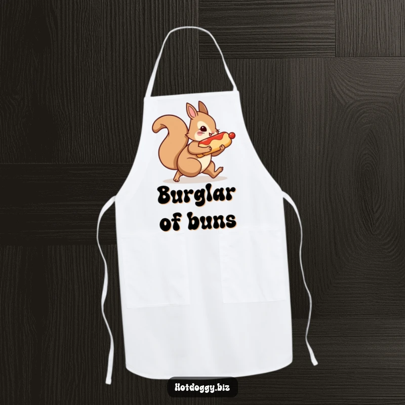 Funny apron featuring a squirrel character making a quick dash with a hot dog tucked under its arm.