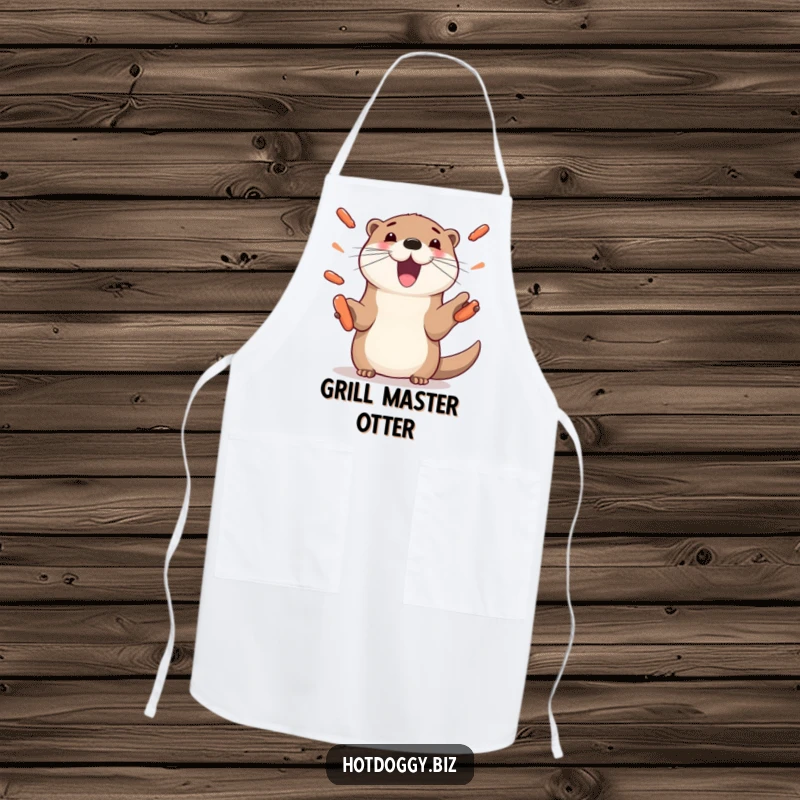 Funny otter apron, showing a playful otter with paws juggling mini hot dogs, ideal for kitchen activities and cooking.