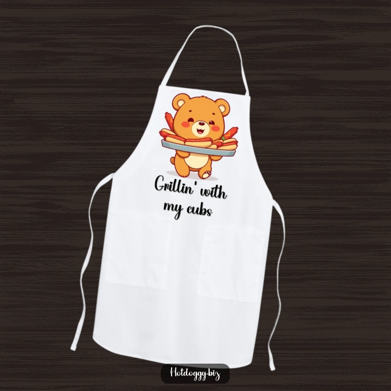 Funny apron illustrated with a smiling bear cub carrying a generous tray filled with colorful and tempting hot dogs.