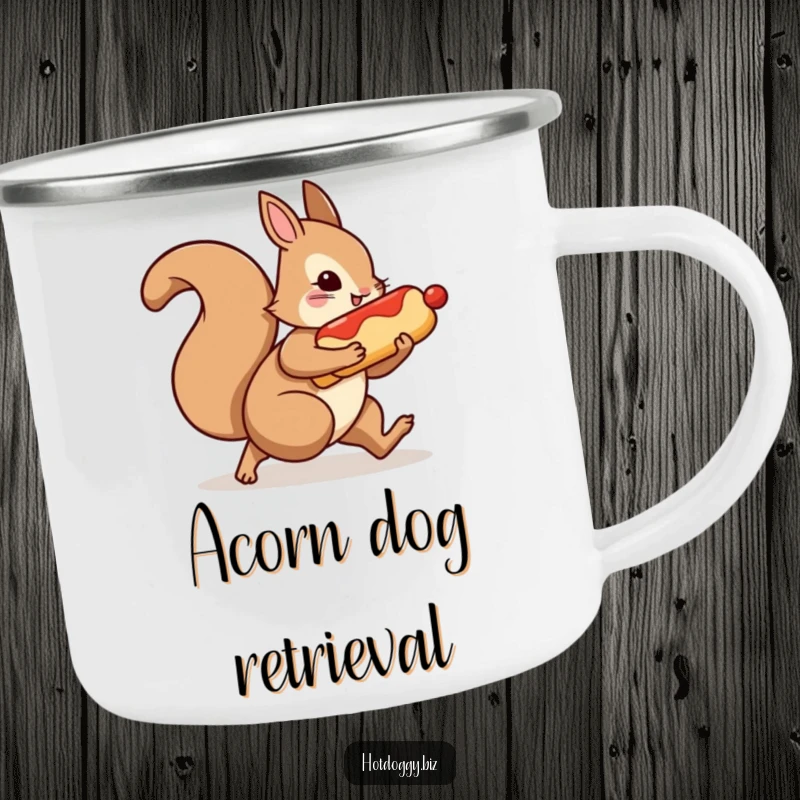 Funny camping mug with a squirrel character scurrying with a hot dog, perfect for outdoor mischief.