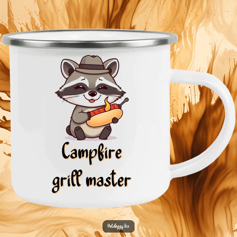 Funny raccoon in a fedora winks while presenting a perfectly grilled miniature hot dog, bringing clever and adventurous humor to this camping mug.
