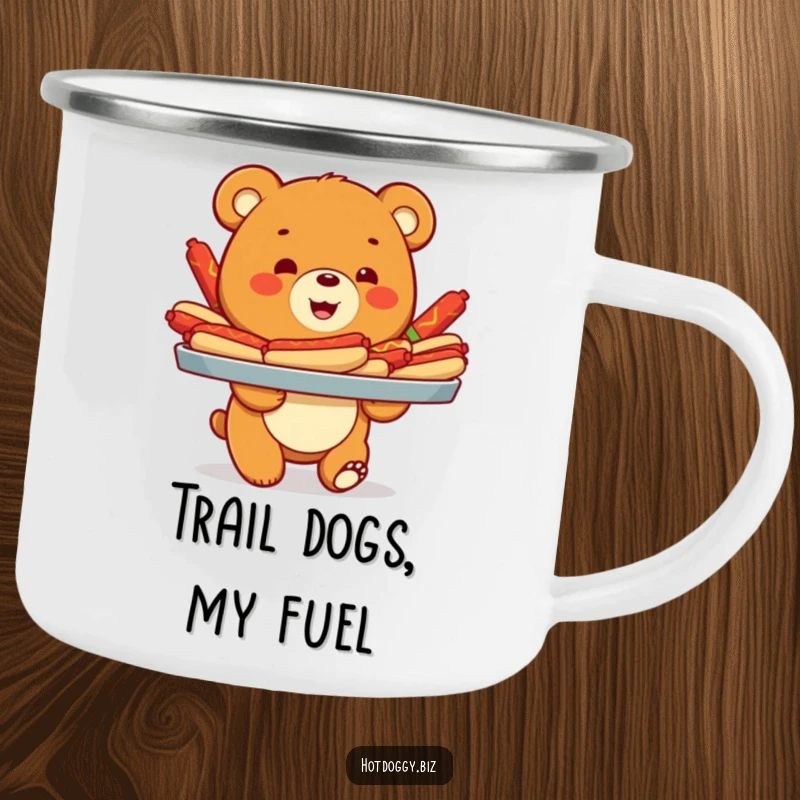 Funny camping mug with a smiling bear cub carrying a bountiful tray of colorful hot dogs, ideal for outdoor fun.
