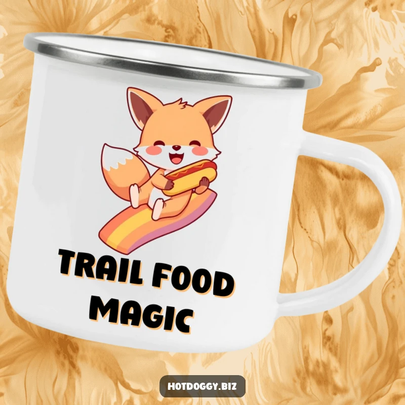 Funny fox slides down a vibrant rainbow, holding a small hot dog, igniting adventurous spirits around the campfire on this camping mug.