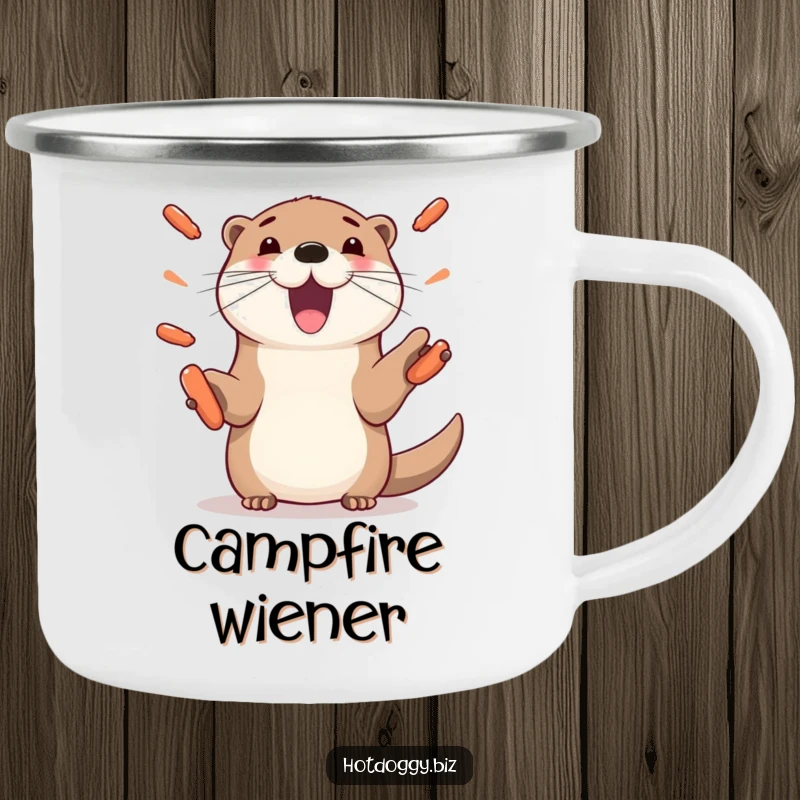 Funny otter camping mug, showing a playful otter with paws juggling mini hot dogs, for outdoor dining and enjoyment.