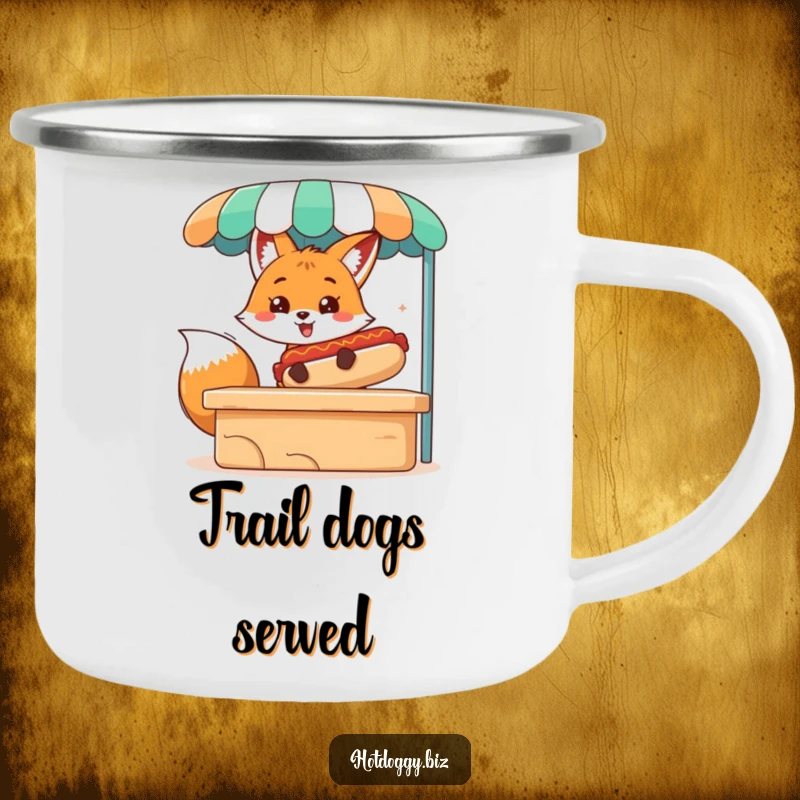 Funny camping mug with a cheerful fox character serving a giant hot dog, perfect for campfire stories and laughs.