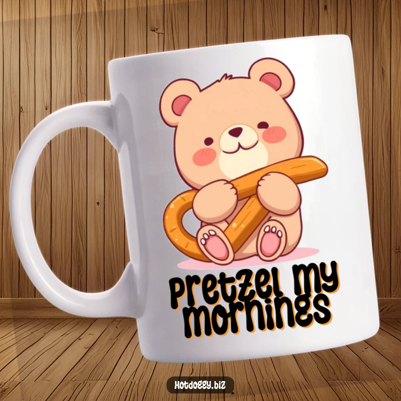 Funny mug with a happy small bear character delightedly munching on an oversized pretzel stick.