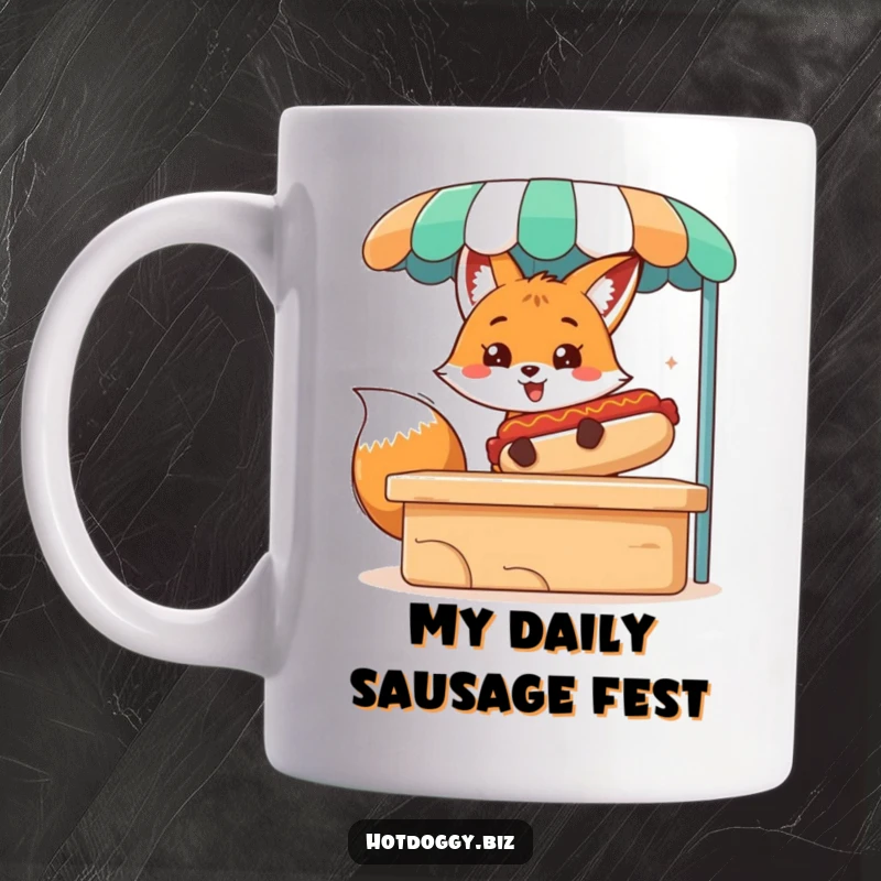 Funny mug with a cheerful fox character joyfully serving a massive hot dog from a cartoon stand.