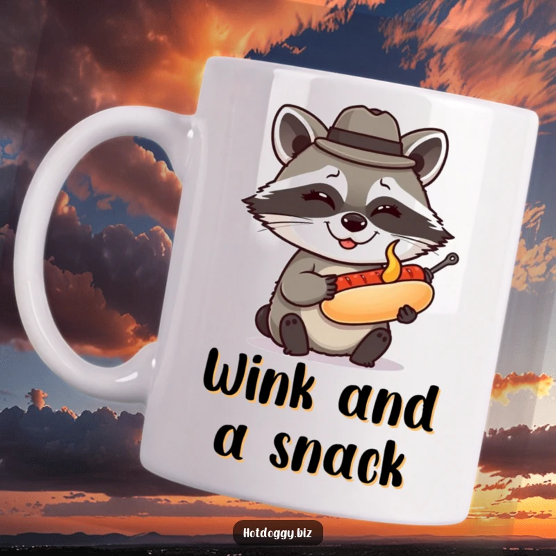 Funny raccoon in a tiny fedora winks while presenting a perfectly grilled miniature hot dog, exuding charm and humor on this mug.