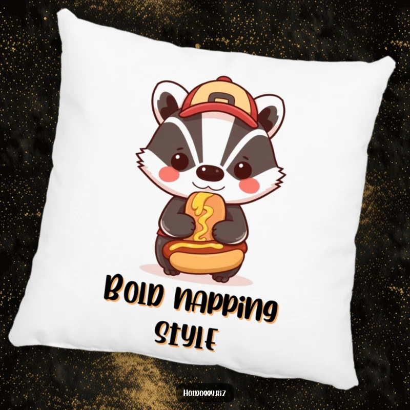 Funny badger wearing a cap proudly smears mustard on a miniature hot dog, providing plush comfort and bold, humorous style on a pillow.