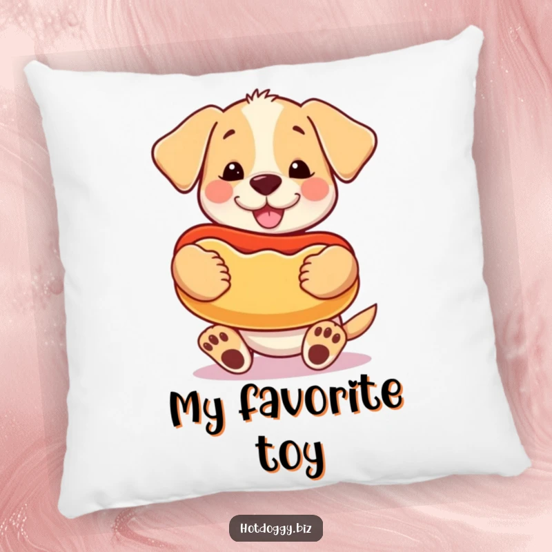 Funny happy puppy holding a giant cartoon hot dog like a prized toy on a plush pillow.