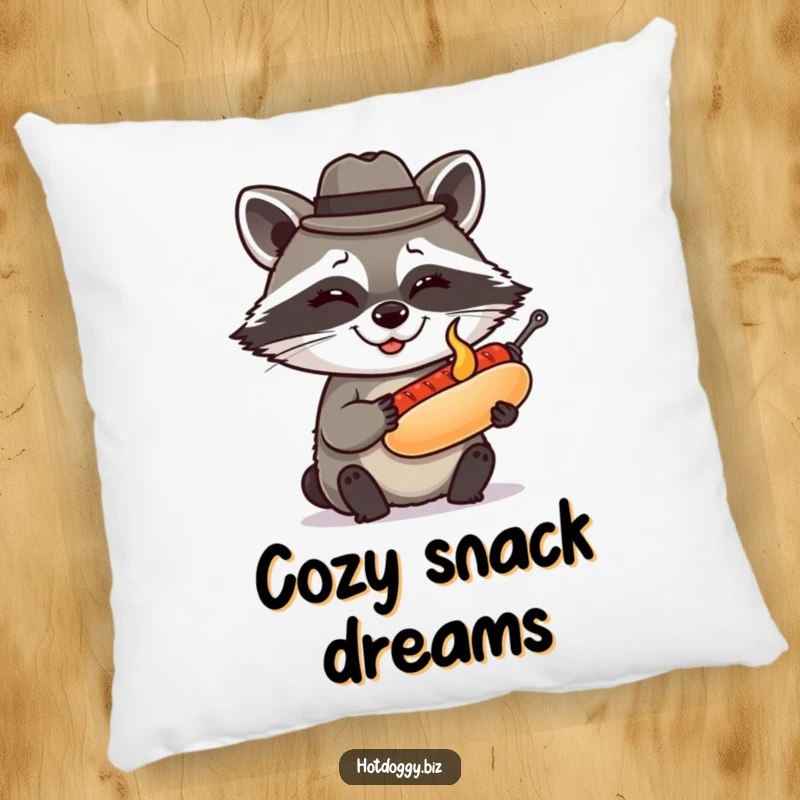 Funny raccoon wearing a fedora winks while presenting a perfectly grilled miniature hot dog, offering cozy comfort and sly humor on a pillow.