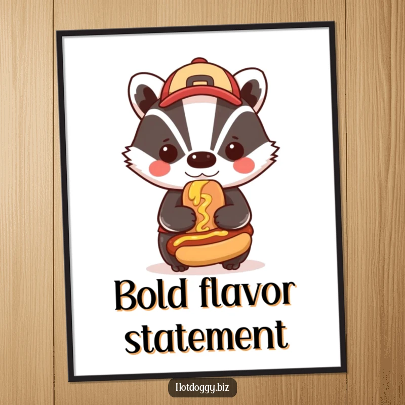 Funny badger in a cap proudly smudges mustard onto a miniature hot dog, delivering bold and humorous visual impact in this digital art print.