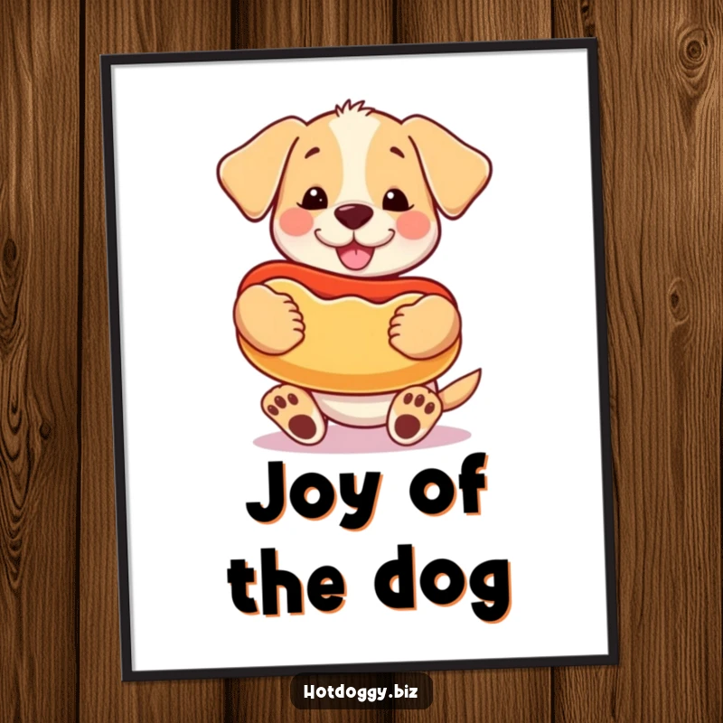 Funny happy puppy holding a giant cartoon hot dog like a prized toy, as a digital art print.