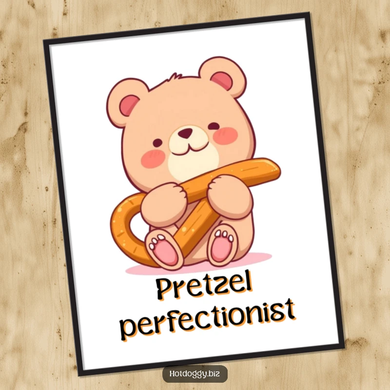 Funny digital art print of a happy small bear character happily eating a giant pretzel stick.