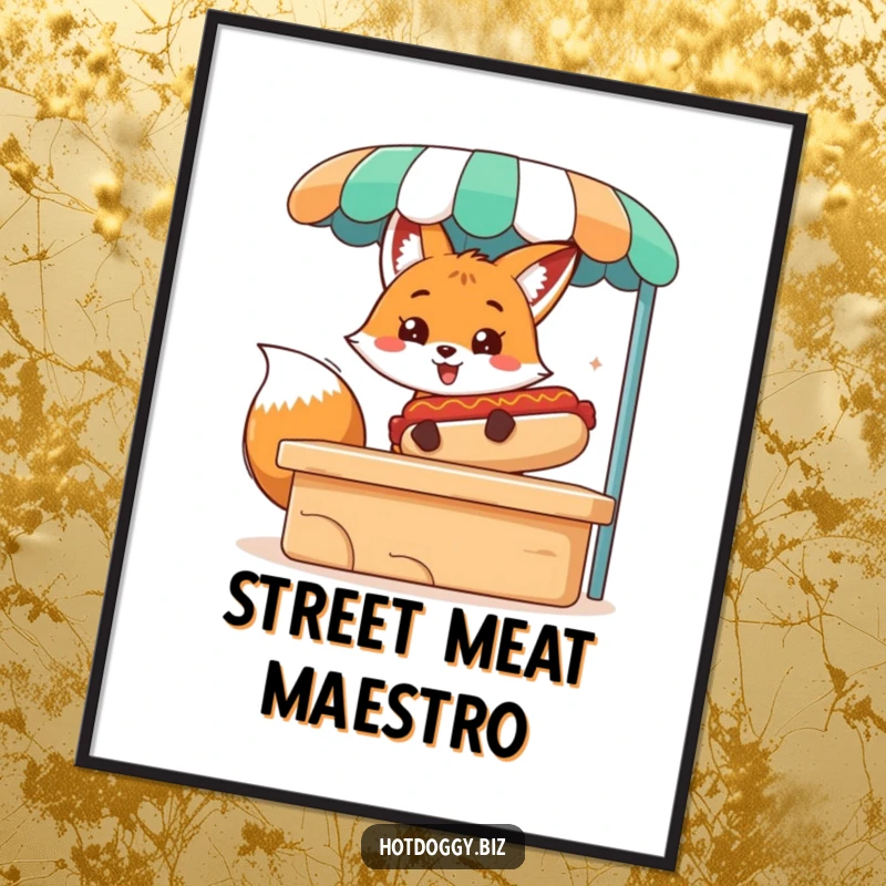 Funny digital art print of a smiling fox character serving a massive hot dog, ready to be framed and displayed.