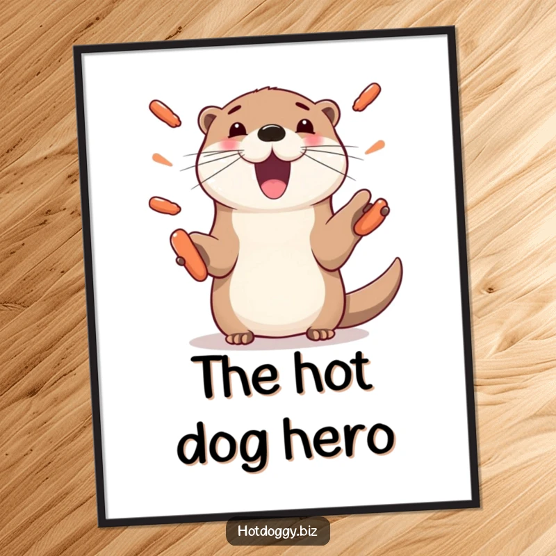 Funny otter digital art print, showing a playful otter with paws juggling mini hot dogs, a unique and humorous artwork.