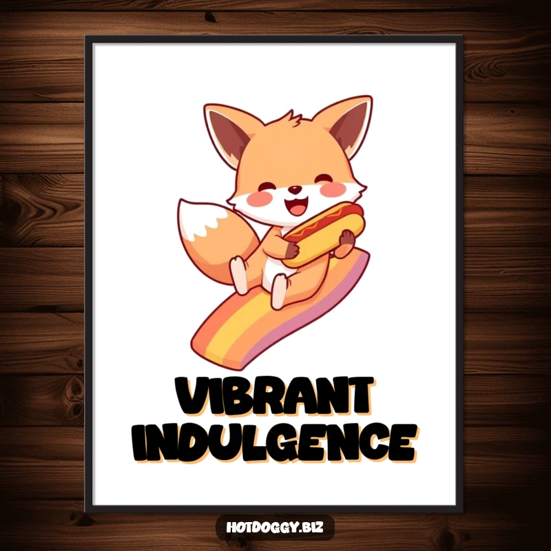 Funny fox gleefully slides down a spectacular rainbow, holding a small hot dog, bringing immediate cheer and humor to digital art.