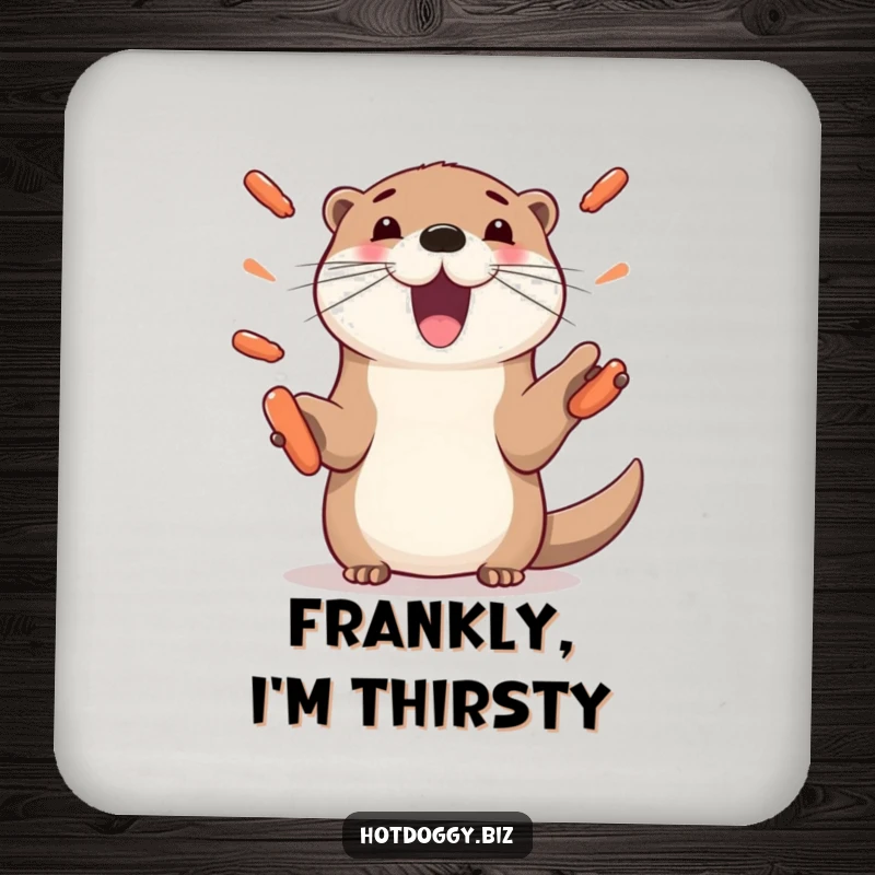 Funny otter drink coaster, depicting a playful otter with paws juggling mini hot dogs, a comical and functional accent.