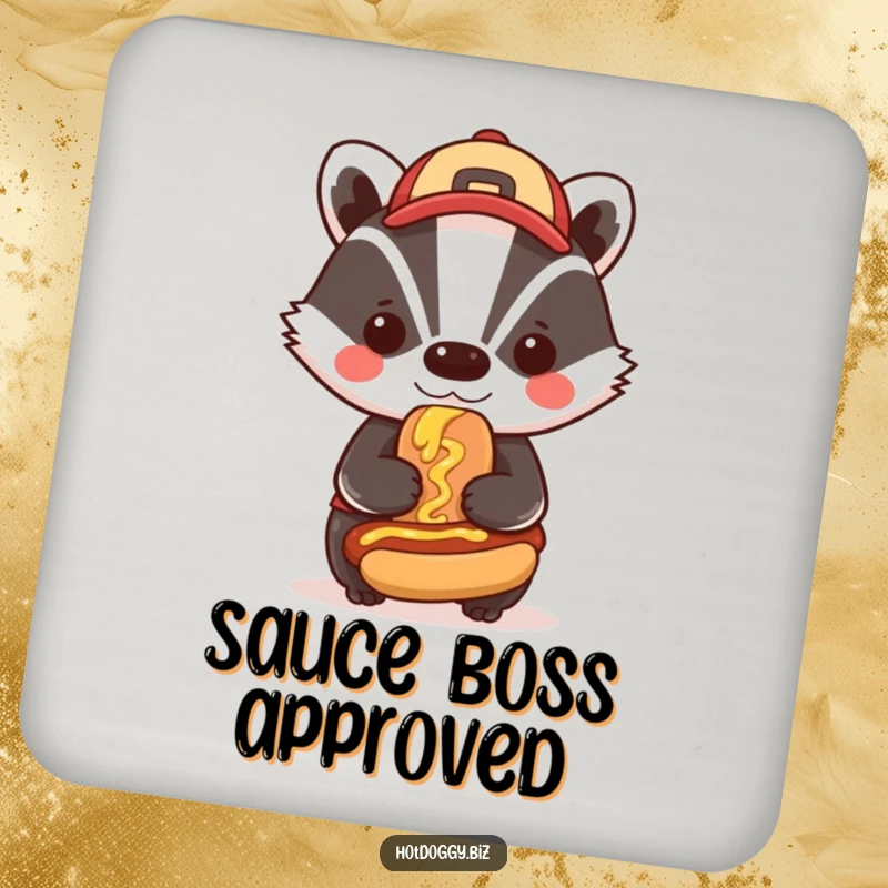 Funny badger wearing a cap proudly smudges mustard on a tiny hot dog, offering bold and humorous surface protection with this coaster.