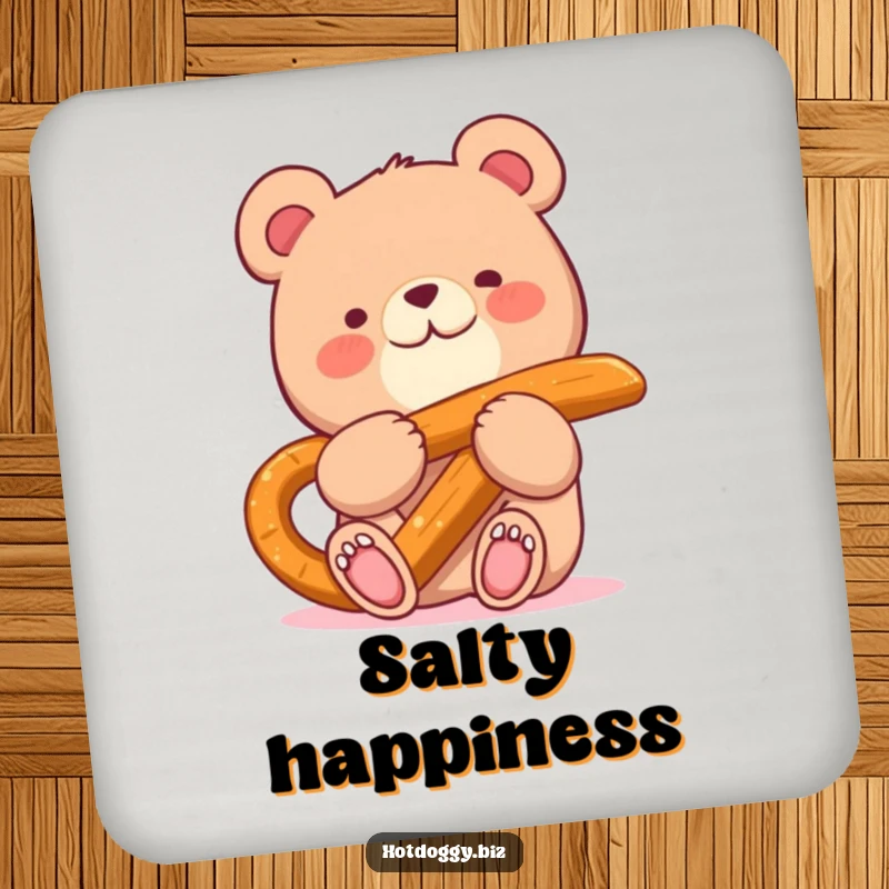 Funny drink coasters featuring a happy small bear character munching on a giant pretzel stick.