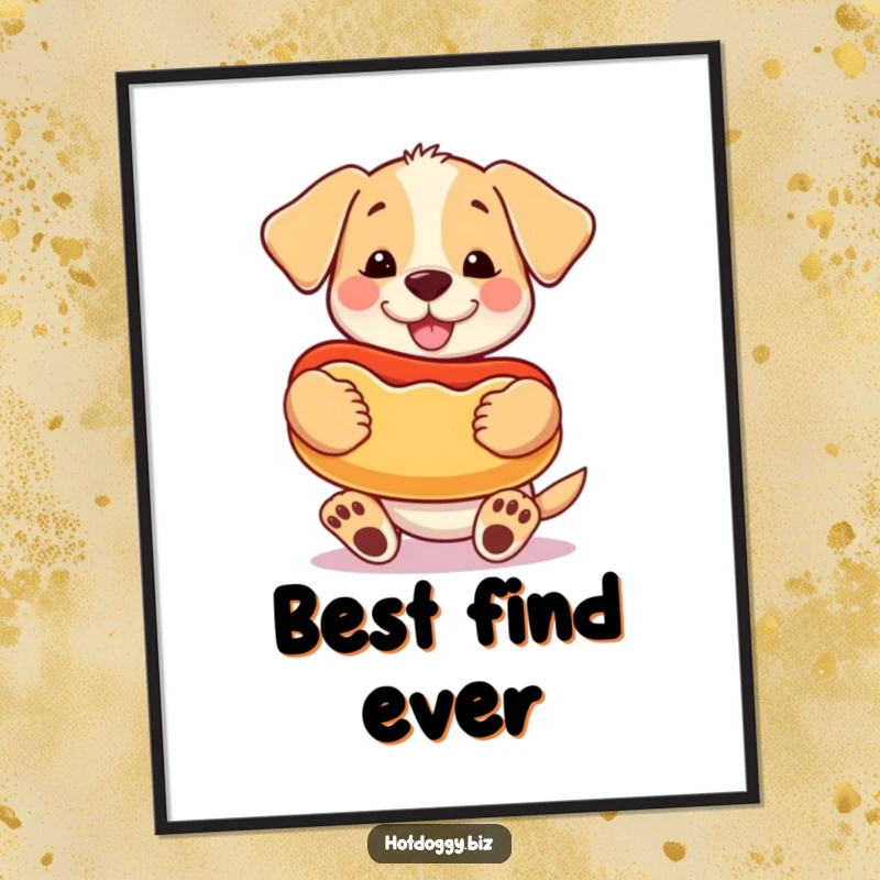 Funny happy puppy holding a giant cartoon hot dog like a beloved toy, as wall art.