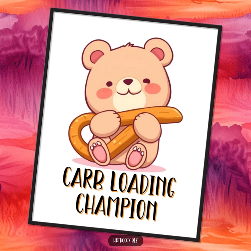 Funny poster art of a cheerful small bear happily eating a huge pretzel stick, bringing a smile to viewers.