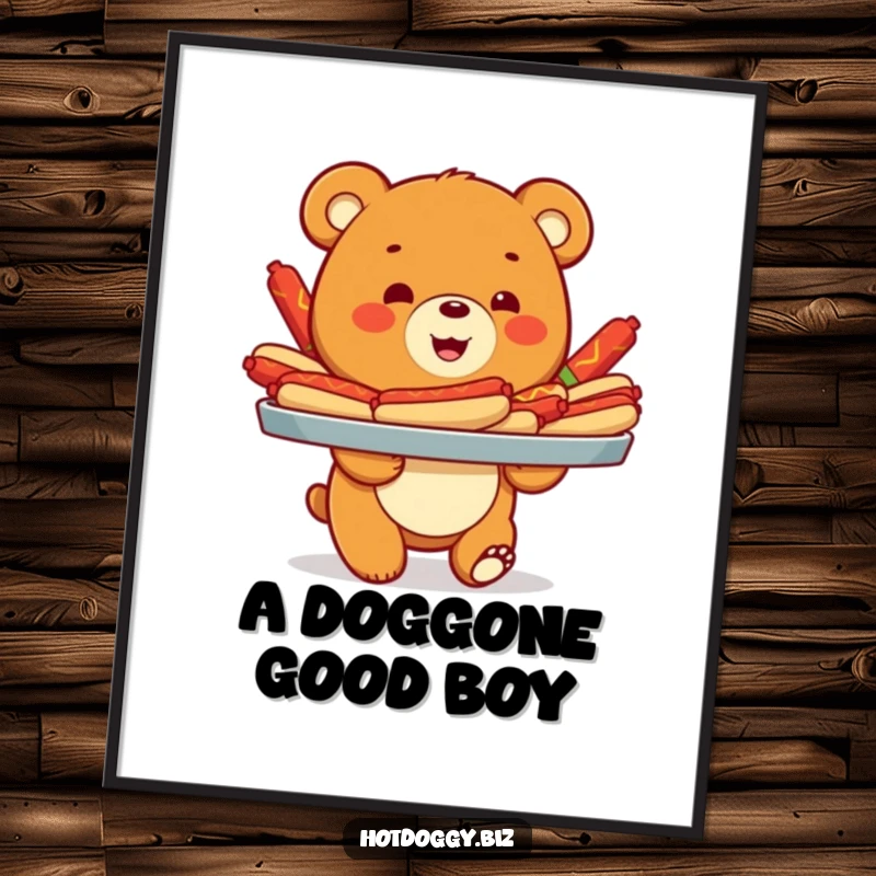 Funny poster art of a happy bear cub proudly holding a tray abundant with a colorful assortment of delicious hot dogs.