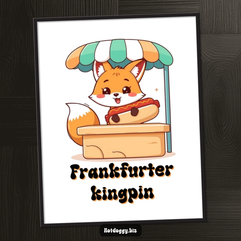 Funny poster art of a happy fox character standing at a food stand, holding out a massive hot dog.