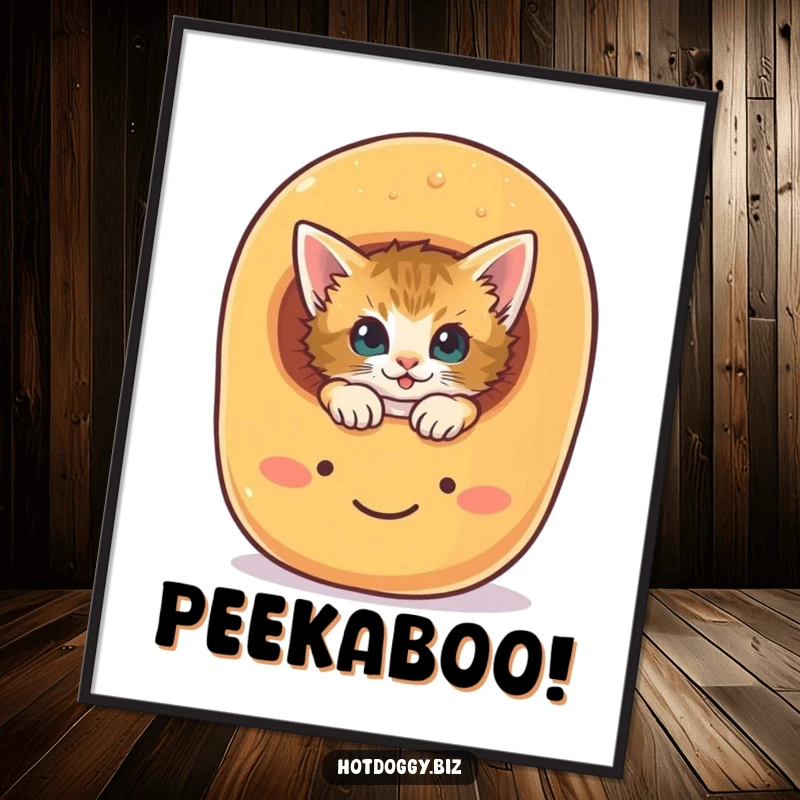Funny curious kitten peeking out from a giant, smiling hot dog bun, presented as wall art.