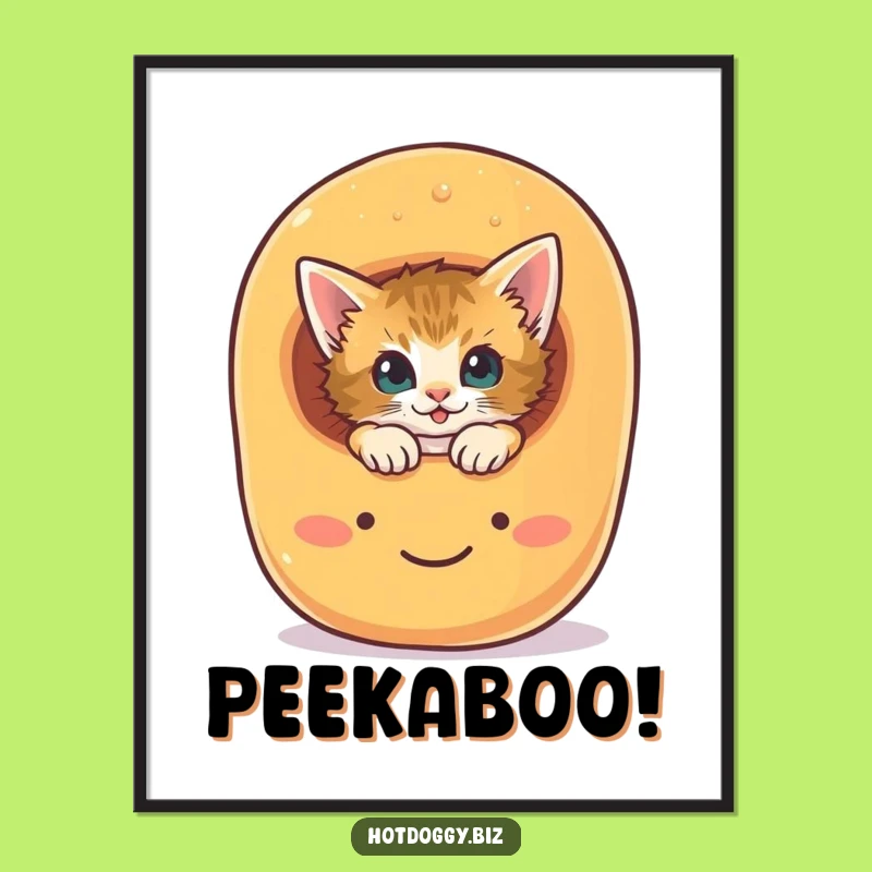 Funny Kitten Hot Dog Bun Poster: Curious Peek Wall Art Gift