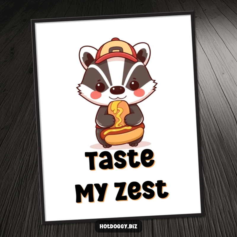 Funny, bold badger in a cap smudges mustard onto a miniature hot dog, exuding confidence and humor on this eye-catching poster.