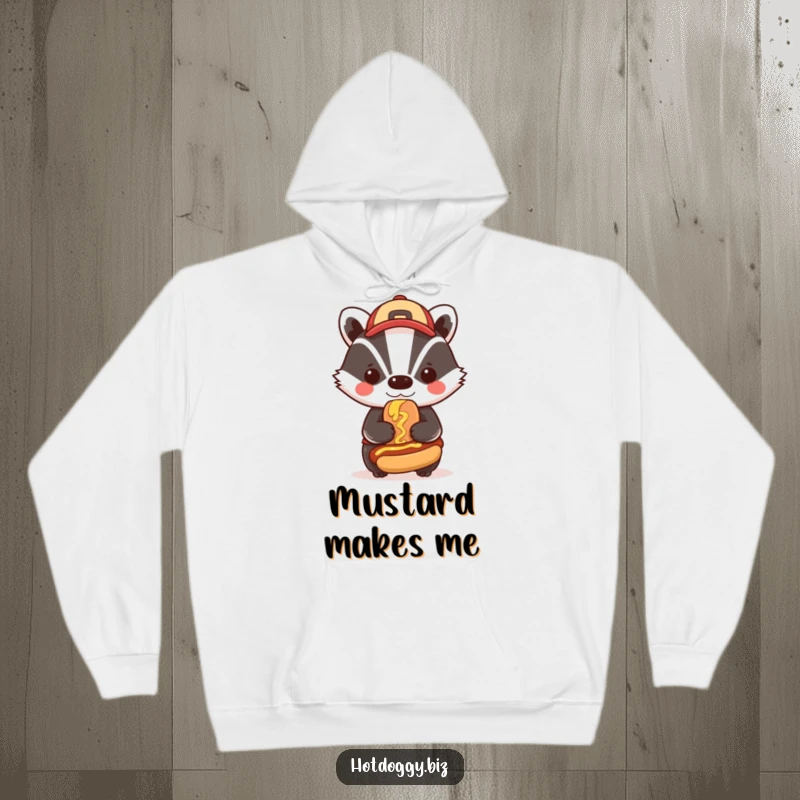 Funny badger in a cap proudly applies mustard to a miniature hot dog, bringing bold and cozy humor to this hoodie.
