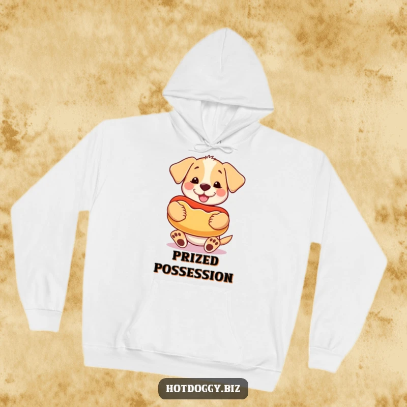 Funny happy puppy holding a giant cartoon hot dog like a prized toy on a cozy hoodie.