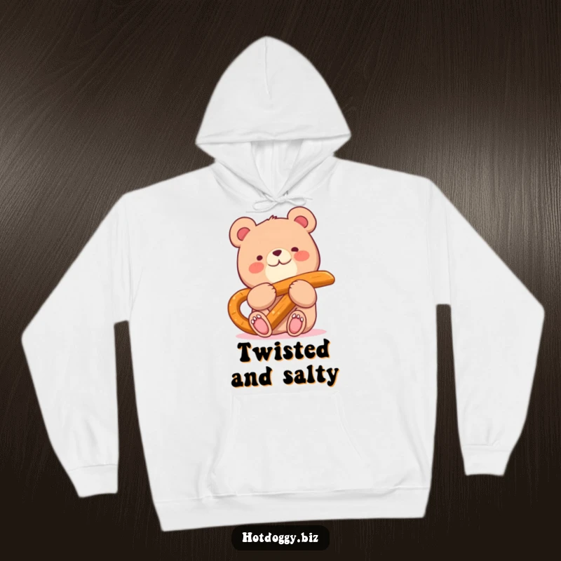 Funny hoodie with a happy bear character deeply engrossed in munching a giant pretzel stick.