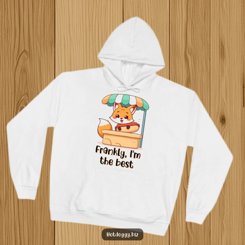 Funny hoodie showcasing a smiling fox character proudly presenting a giant hot dog from its own food stand.