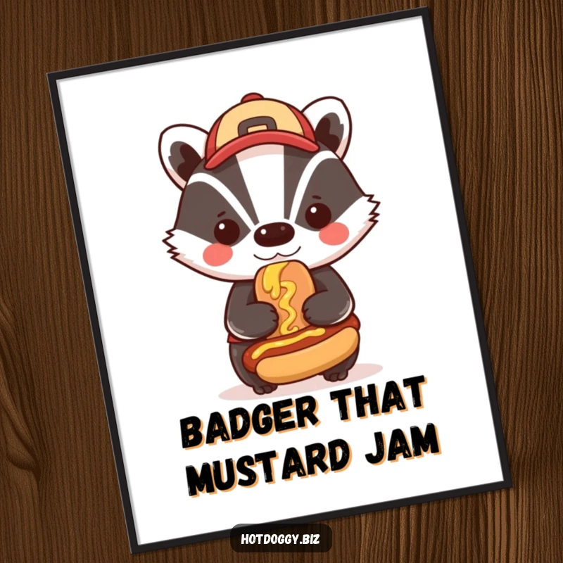 Funny Free Printable Wall Art: Bold badger sports a cap, proudly smudging mustard on a miniature hot dog.