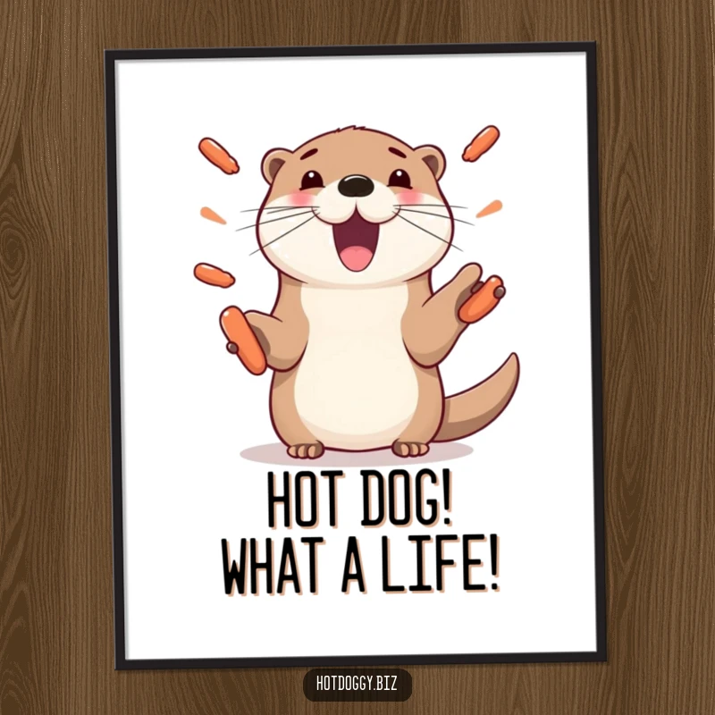 Funny Free Printable Wall Art: Playful otter with dexterous paws expertly juggling several mini hot dogs, creating a scene of delightful chaos.