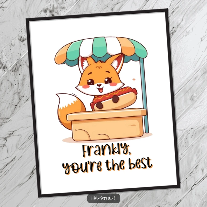 Funny Free Printable Wall Art: A cheerful fox proudly serves an enormous hot dog from its colorful stand.