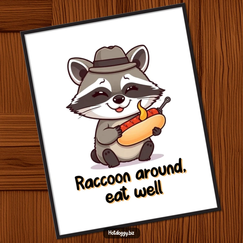 Funny Free Printable Wall Art: Clever raccoon with a tiny fedora winks while presenting a perfectly grilled miniature hot dog.
