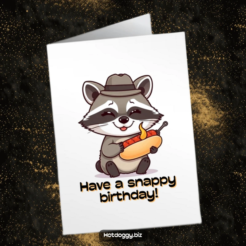 Funny Free Printable Birthday Card: Clever raccoon in a fedora winks while presenting a miniature grilled hot dog.
