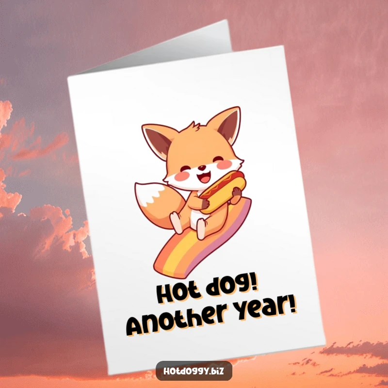 Funny Free Printable Birthday Card: Playful fox sliding down a rainbow, joyfully clutching a miniature hot dog.