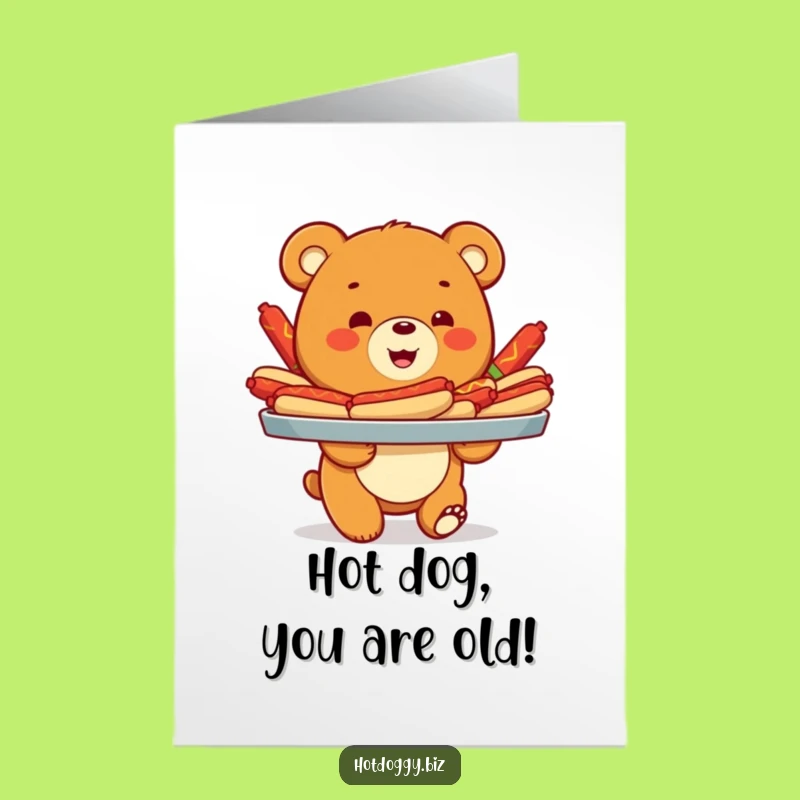 Free Printable Funny Birthday Card: Bear Cub Hot Dog Feast Downloadable Gift