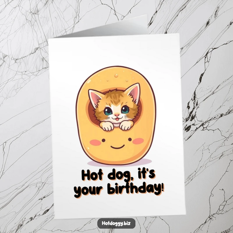 Funny Free Printable Birthday Card: A curious kitten peeks out from a gigantic, smiling hot dog bun.
