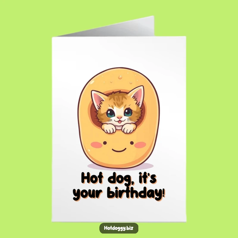 Free Printable Birthday Card: Kitten Hot Dog Bun! Adorable Surprise Downloadable Gift.