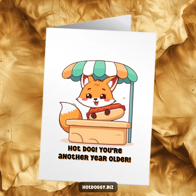 Funny Free Printable Birthday Card: A cheerful fox with a huge smile serves an enormous hot dog from its stand.