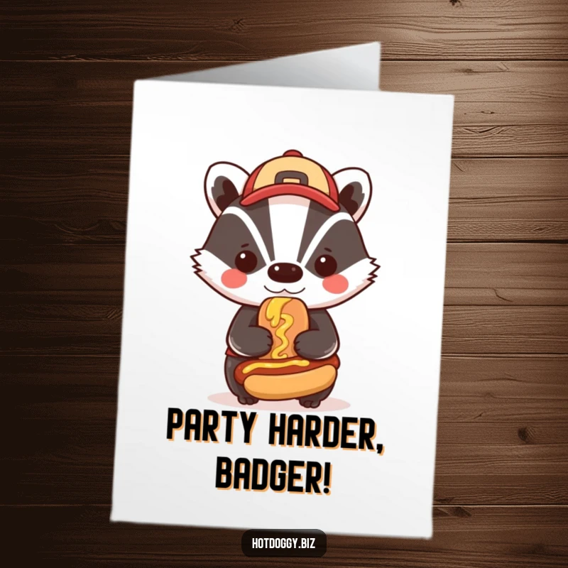 Funny Free Printable Birthday Card: Bold badger wearing a cap, smudging mustard on a miniature hot dog.