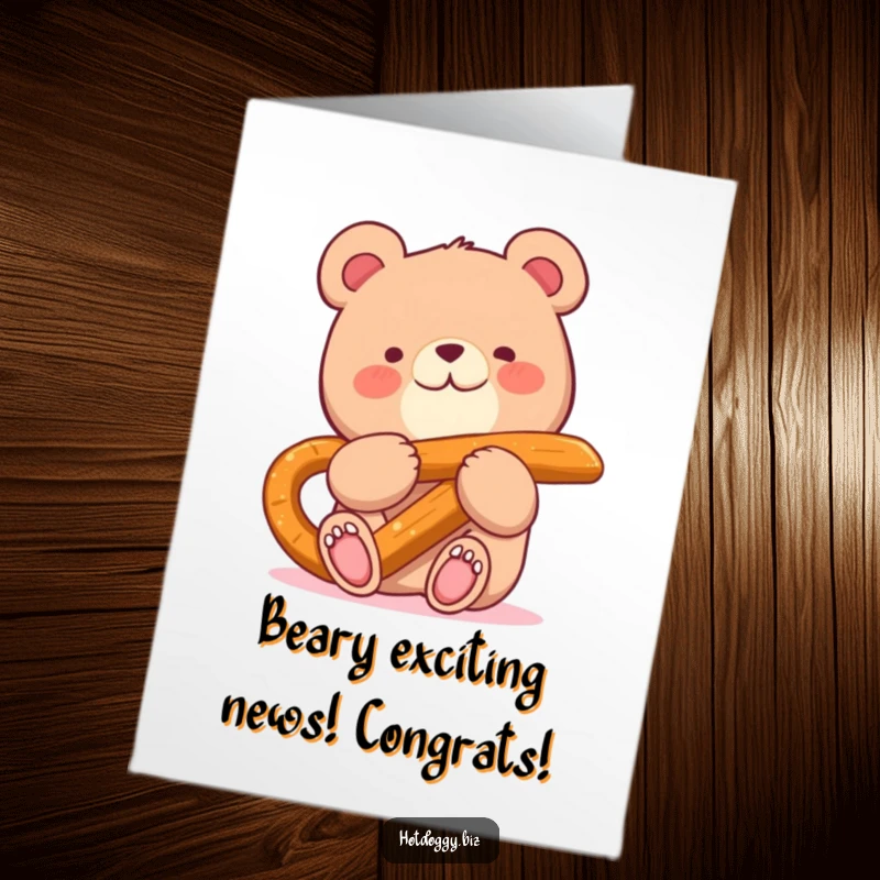Funny Free Printable Congratulations Card: A cute bear happily devours a very large pretzel stick with delight.