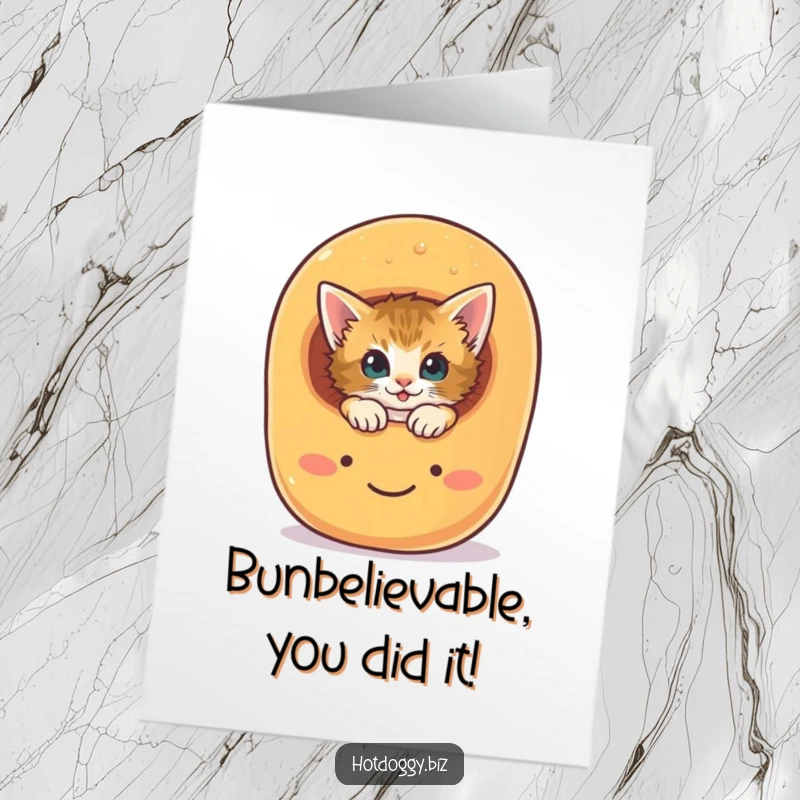 Funny Free Printable Congratulations Card: A curious kitten peeps from inside a giant, smiling hot dog bun.